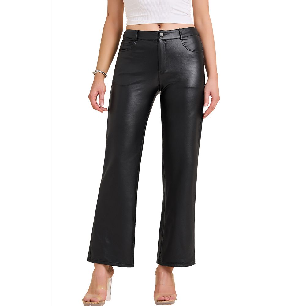 Women's Black Straight Leather Pants with High Waist and Pockets