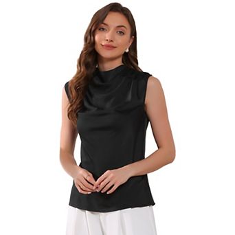Sleeveless Satin Tank Tops for Women Mock Cowl Neck Ruched Dressy Casual Blouse