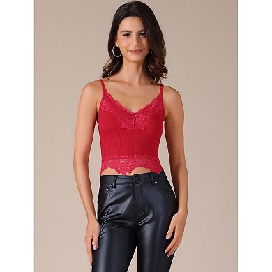 Women's V Neck Sleeveless Lace Trim Y2K Cropped Tank Top