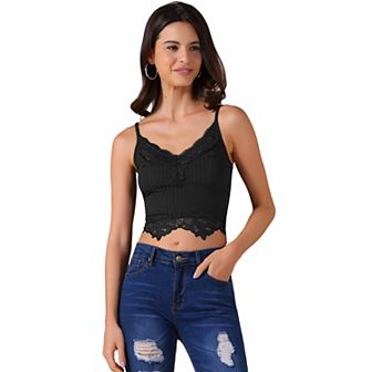 Women's V Neck Sleeveless Lace Trim Y2K Cropped Tank Top