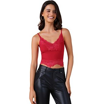 Women's V Neck Sleeveless Lace Trim Y2K Cropped Tank Top