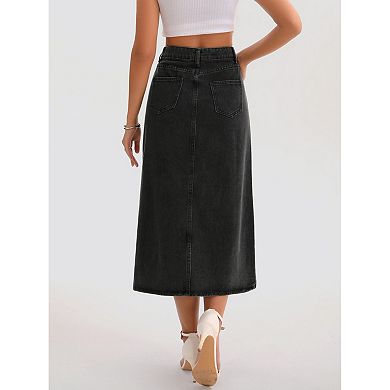Women's Jean Skirts Slit High Waist A-Line Thigh Split Midi Denim Skirt