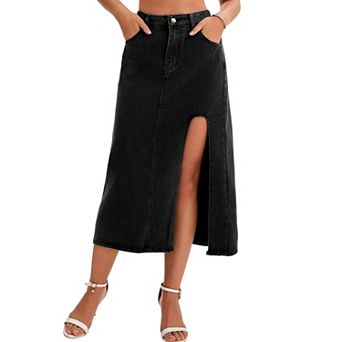 Women's Jean Skirts Slit High Waist A-Line Thigh Split Midi Denim Skirt