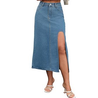 Women's Jean Skirts Slit High Waist A-Line Thigh Split Midi Denim Skirt