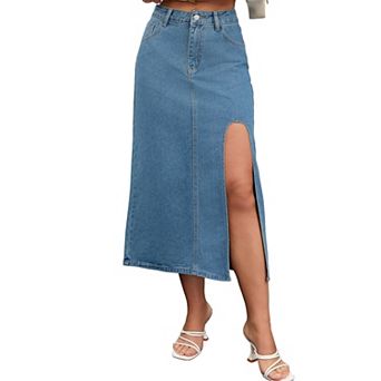 Women's Jean Skirts Slit High Waist A-Line Thigh Split Midi Denim Skirt