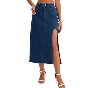 Women's Jean Skirts Slit High Waist A-Line Thigh Split Midi Denim Skirt