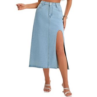Women's Jean Skirts Slit High Waist A-Line Thigh Split Midi Denim Skirt