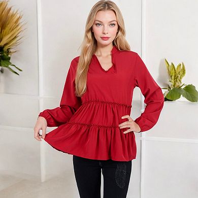 Women's Long Sleeve Tiered Babydoll Blouse with V-Neck