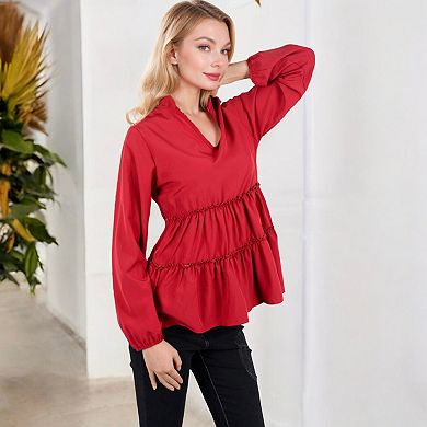 Women's Long Sleeve Tiered Babydoll Blouse with V-Neck