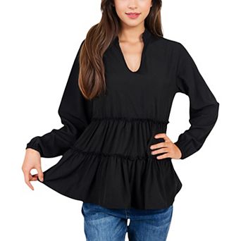 Women's Long Sleeve Tiered Babydoll Blouse with V-Neck