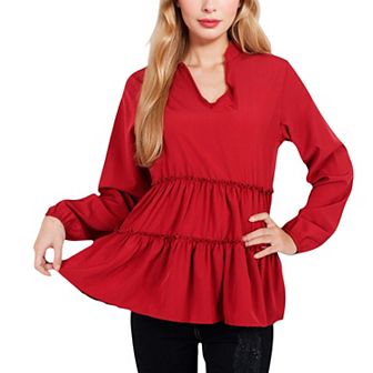 Women's Long Sleeve Tiered Babydoll Blouse with V-Neck