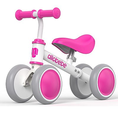 Allobebe Baby Ride-On Balance Bike for 1230 Months, Adjustable Seat, Soft Silent 4-Wheel Ride-On, Rose Red