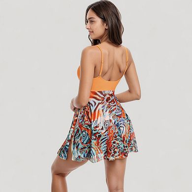 Women's One Piece Swim Dress with Twist Front Bodice and Sheer Mesh Skirt Overlay