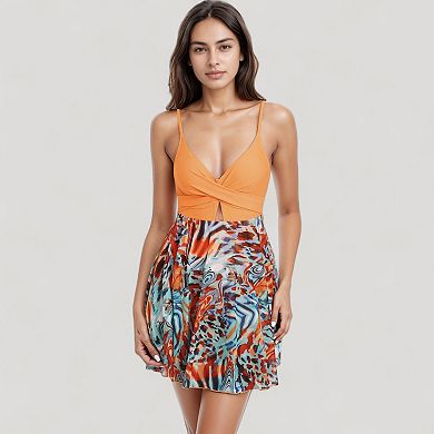 Women's One Piece Swim Dress with Twist Front Bodice and Sheer Mesh Skirt Overlay