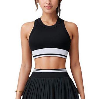 Women's High Neck Crop Top with Contrast Stripe Hem and Fitted Athletic Design