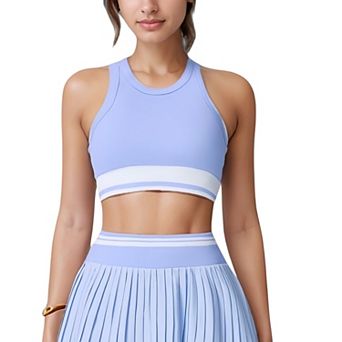 Women's High Neck Crop Top with Contrast Stripe Hem and Fitted Athletic Design