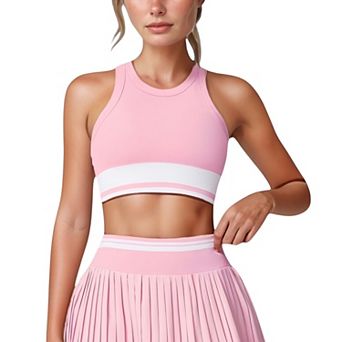 Women's High Neck Crop Top with Contrast Stripe Hem and Fitted Athletic Design
