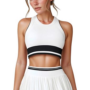 Women's High Neck Crop Top with Contrast Stripe Hem and Fitted Athletic Design