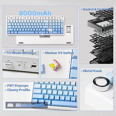 AULA F99 Pro, 99-Key, Wireless, Hot Swappable, Mech Gaming Keyboard, RGB, 5-Layer Padding, Knob