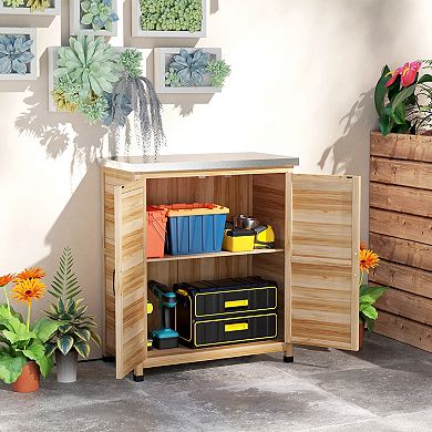 Outsunny Outdoor Storage Table, Wooden Tool Shed w/Shelves