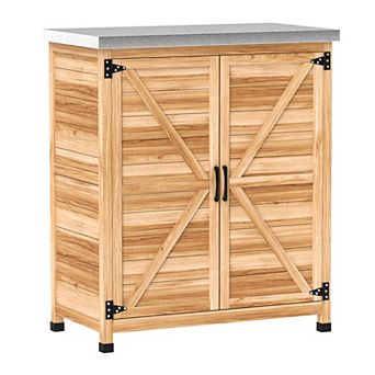 Outsunny Outdoor Storage Table, Wooden Tool Shed w/Shelves