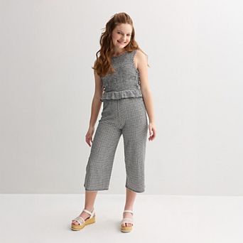 Girls 7-16 Knit Works Gingham Peplum Jumpsuit with Bow Hair Clip