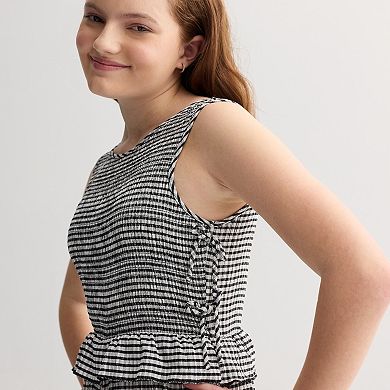 Girls 7-16 Knit Works Gingham Peplum Jumpsuit with Bow Hair Clip