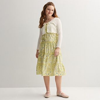 Girls 7-16 Knit Works 2 pc Long Sleeve Cardigan & Smocked Tiered Maxi Dress