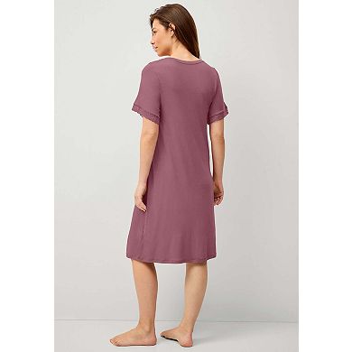 Ellos Plus Size Stretch Knit V-Neck Short Sleeve Lace Trim Sleep Shirt