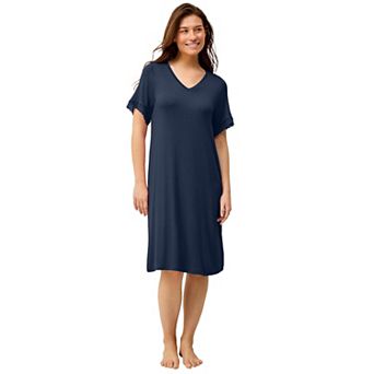 Ellos Plus Size Stretch Knit V-Neck Short Sleeve Lace Trim Sleep Shirt
