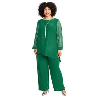 Catherines Women's Plus Size 2 pc Beaded Mesh Sleeve Pant Set