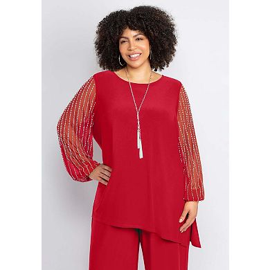 Catherines Women's Plus Size 2-Piece Beaded Mesh Sleeve Pant Suit