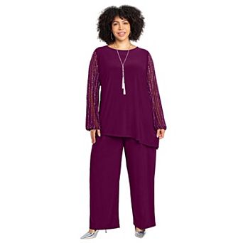 Catherines Women's Plus Size 2 pc Beaded Mesh Sleeve Pant Suit