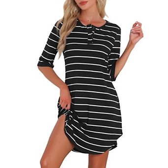 Women's Nightshirt Half Sleeve Button Up Stripe Nightgown Shirt Dress