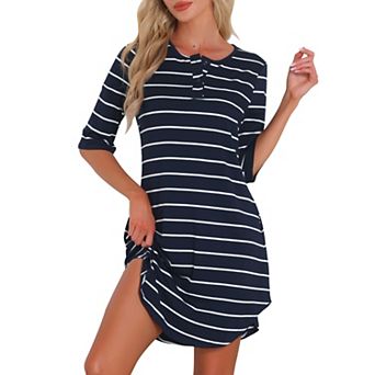 Women's Nightshirt Half Sleeve Button Up Stripe Nightgown Shirt Dress