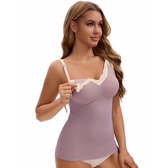 Women's Lace V Neck Pregnancy Cami with Built-In Bra Maternity Nursing Tank Top for Breastfeeding