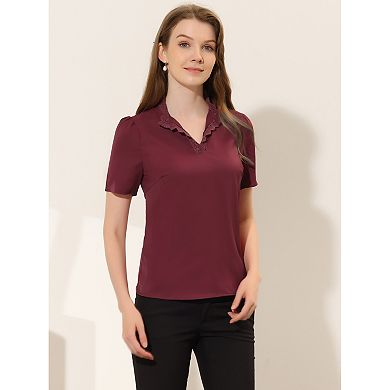 Casual Top for Women's V Neck Lace Eyelet Puffy Short Sleeve Work Blouse