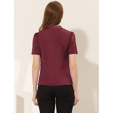 Casual Top for Women's V Neck Lace Eyelet Puffy Short Sleeve Work Blouse