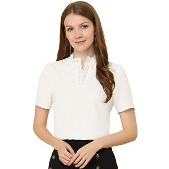 Casual Top for Women's V Neck Lace Eyelet Puffy Short Sleeve Work Blouse