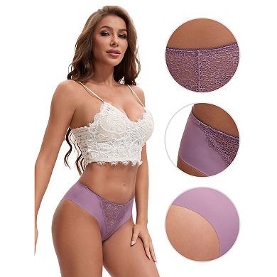 Women's Mid Waisted Briefs Smooth Silky Panties Soft Lace Underwear Breathable Underpants