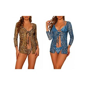 2 Sets Women's Leopard Print Halter Bikini Sets, Lace Up Swimwear Bathing Suits with Mesh Cover Up