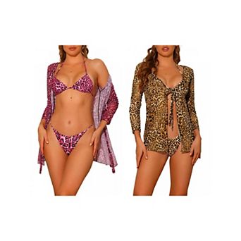 2 Sets Women's Leopard Print Halter Bikini Sets, Lace Up Swimwear Bathing Suits with Mesh Cover Up