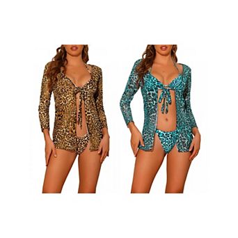 2 Sets Women's Leopard Print Halter Bikini Sets, Lace Up Swimwear Bathing Suits with Mesh Cover Up