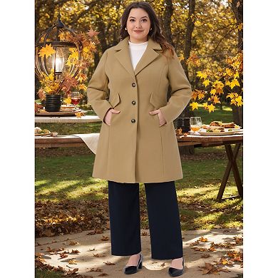 Women's Plus Size Winter Coats Mid Length Notch Lapel Single Breasted Pea Coat Jacket Trendy Dressy