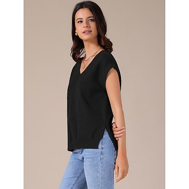 Women's V Neck Sweater Vest Ribbed Sleeveless Slit Stretchy Basic Casual Fall Winter Tank Top
