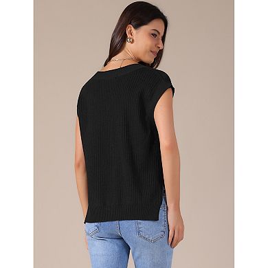 Women's V Neck Sweater Vest Ribbed Sleeveless Slit Stretchy Basic Casual Fall Winter Tank Top