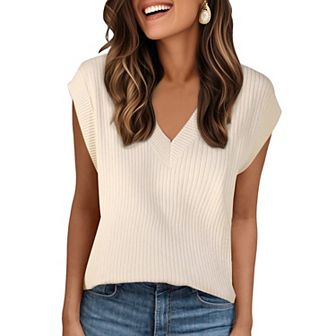 Women's V Neck Sweater Vest Ribbed Sleeveless Slit Stretchy Basic Casual Fall Winter Tank Top