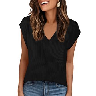 Women's V Neck Sweater Vest Ribbed Sleeveless Slit Stretchy Basic Casual Fall Winter Tank Top