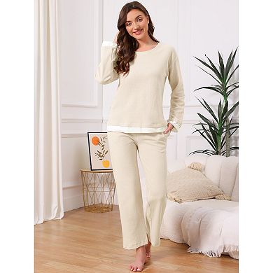 Women's Waffle Cotton Pajamas Long Sleeve with Pants 2 Piece Matching Lounge Sets with Pockets