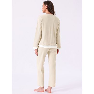 Women's Waffle Cotton Pajamas Long Sleeve with Pants 2 Piece Matching Lounge Sets with Pockets